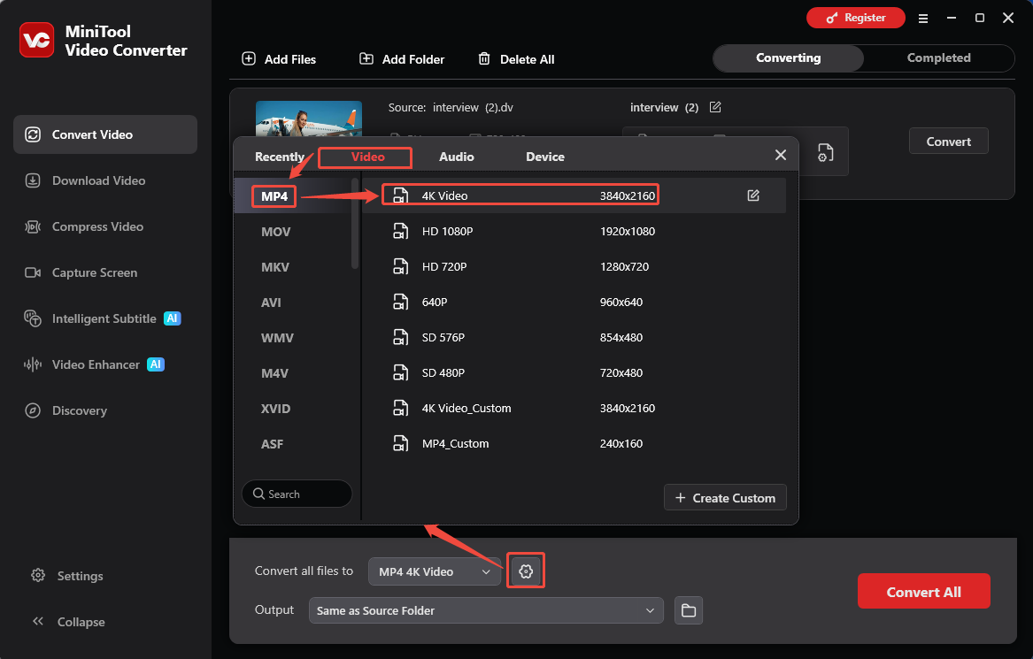 MiniTool Video Converter output format window showing how to set MP4 as the output format in the Convert Video tab.