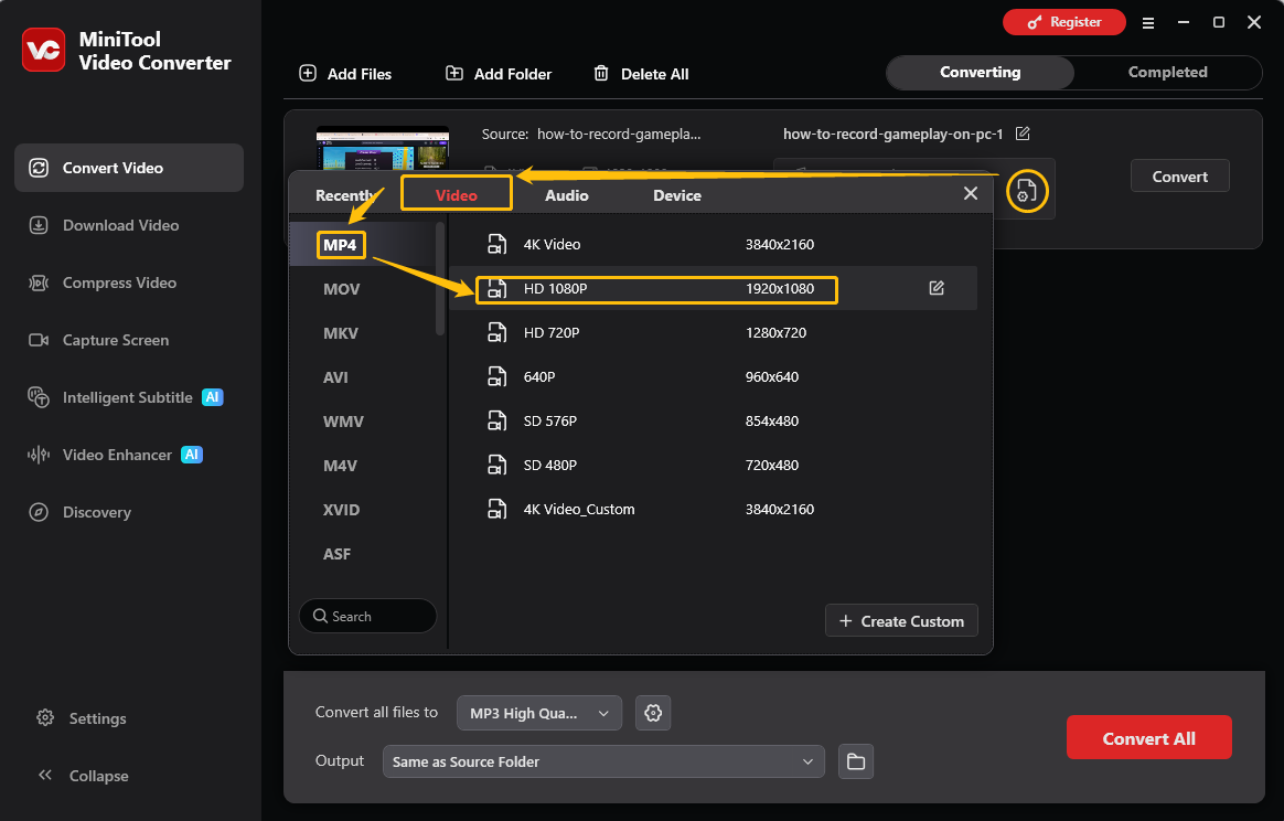 MiniTool Video Converter output format window showing how to set MP4 as the converted format in the Convert Video tab.