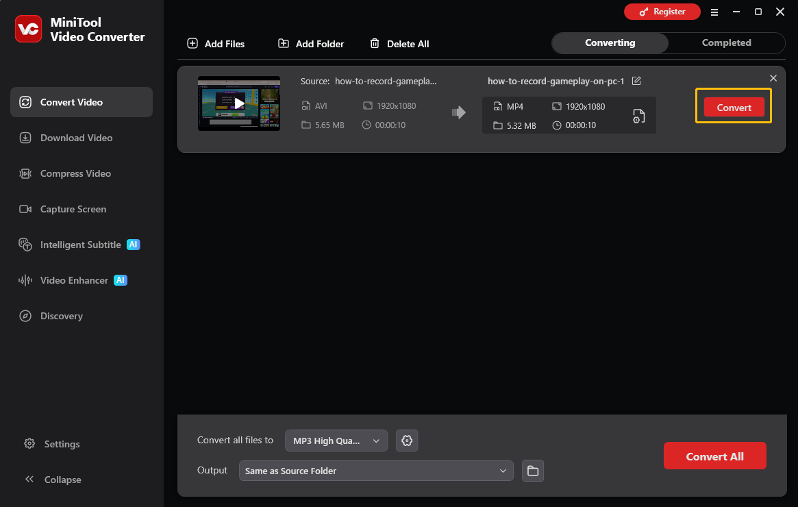 MiniTool Video Converter interface with the Convert button selected in the Convert Video tab.