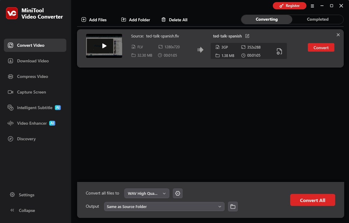 MiniTool Video Converter interface with a FLV to 3GP conversion task.