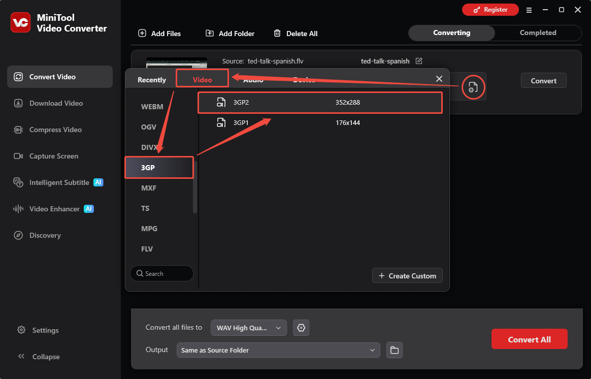 MiniTool Video Converter showing how to choose 3GP as the output format.