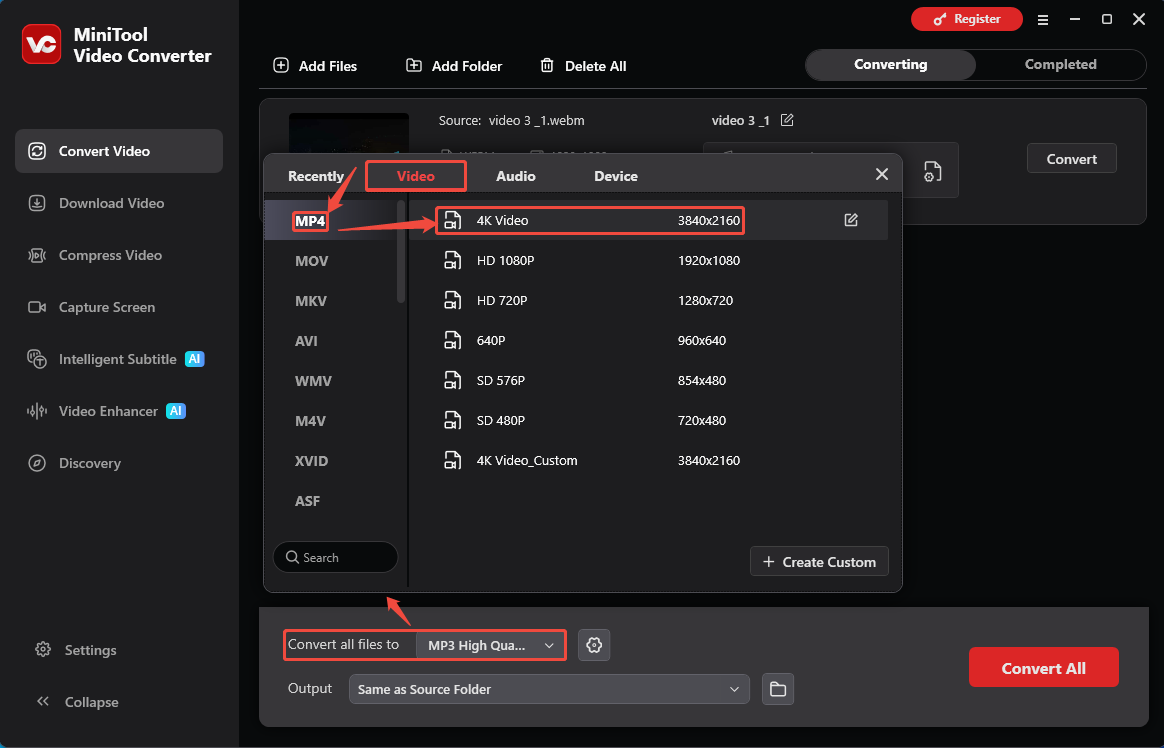 MiniTool Video Converter output format window showing how to set MP4 as the output format in the Convert Video tab.