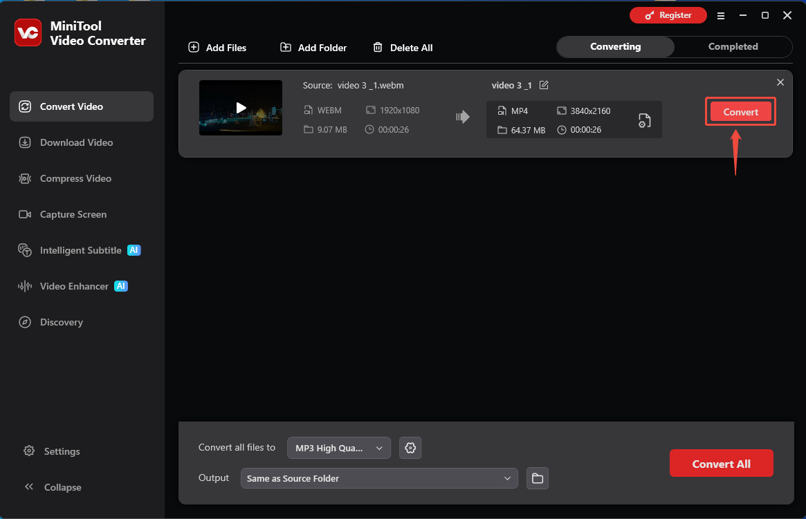 MiniTool Video Converter interface with the Convert button selected in the Convert Video tab.