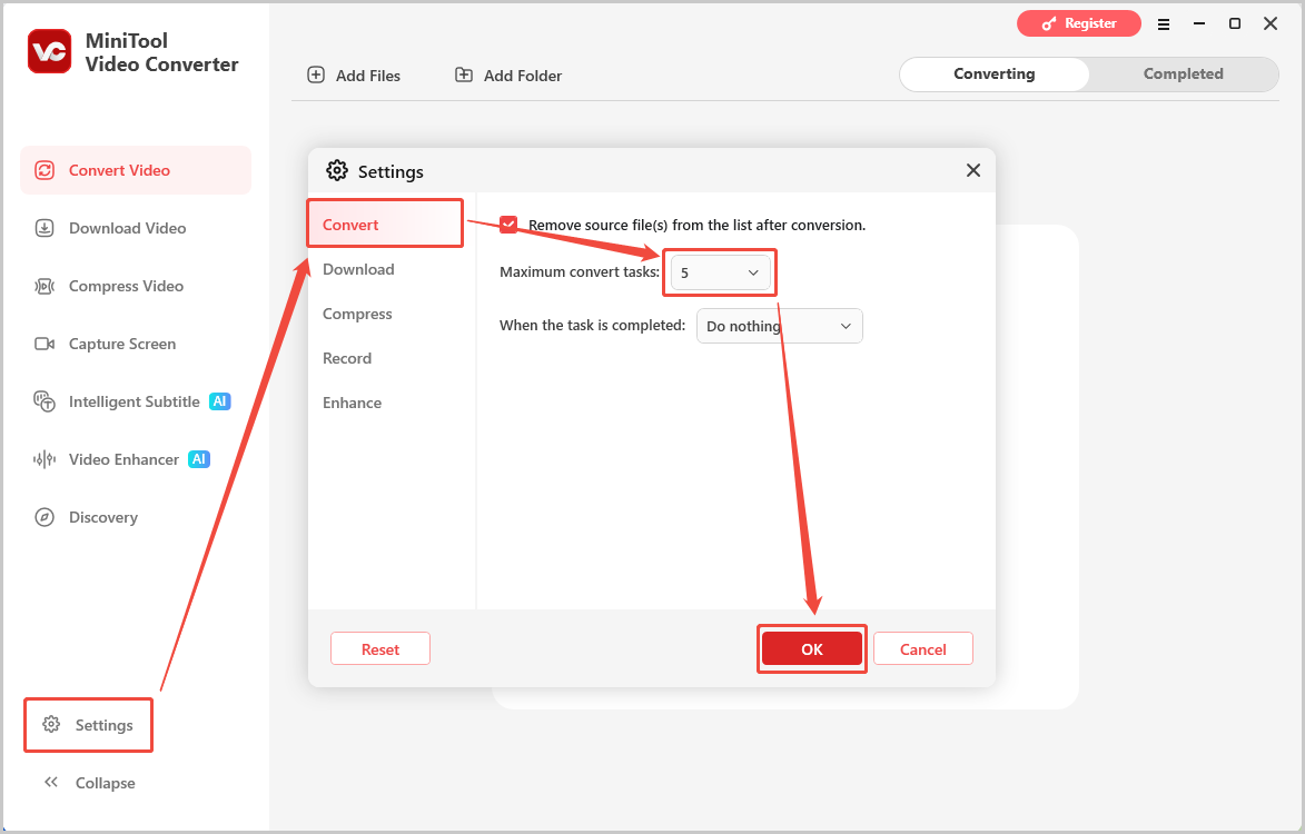 MiniTool Video Converter interface showing how to set the maximum conversion task.