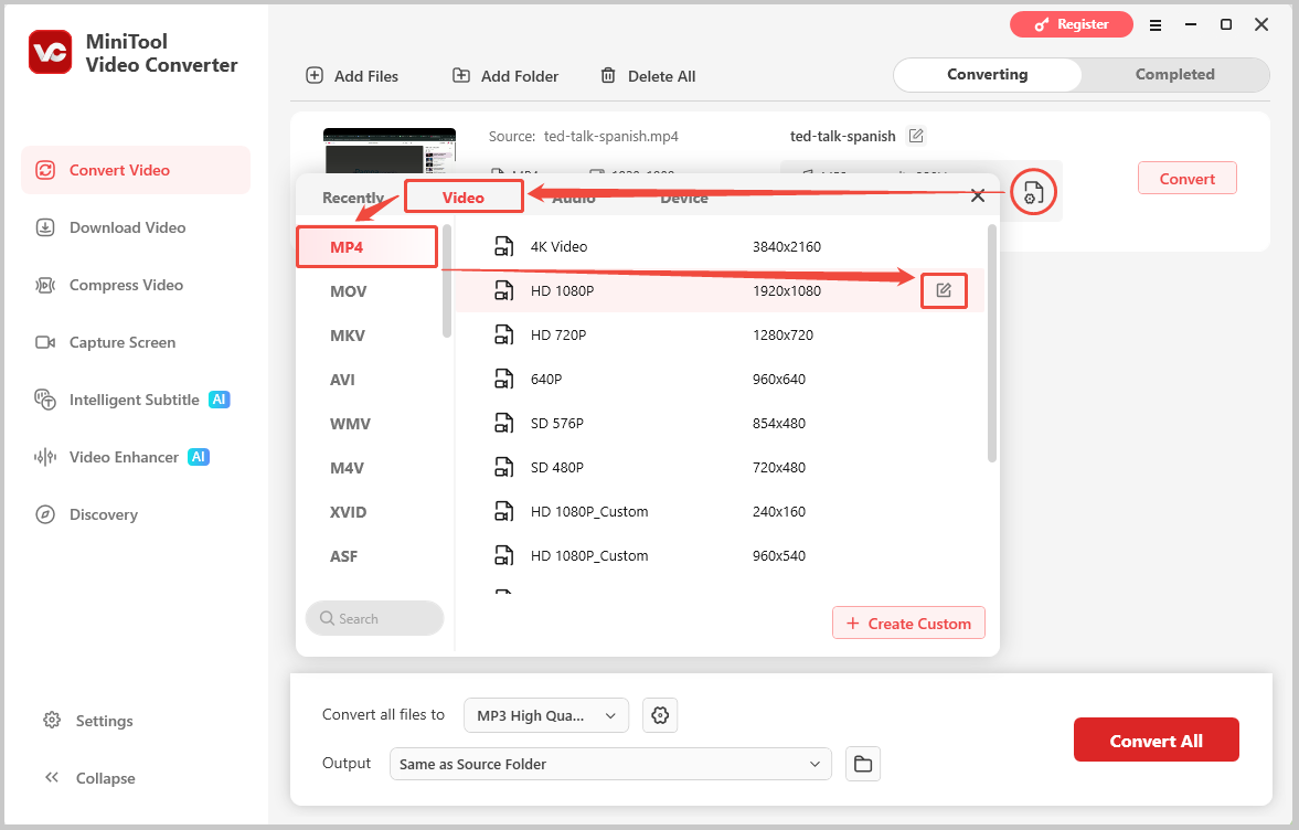 MiniTool Video Converter interface showing how to choose the MP4 as output format and adjust the video codec.