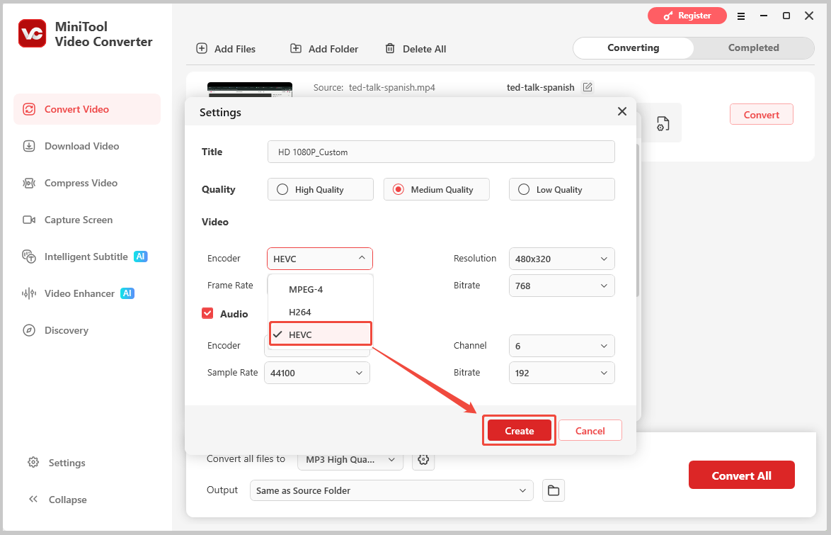 MiniTool Video Converter format settings window showing how to choose the video codec.