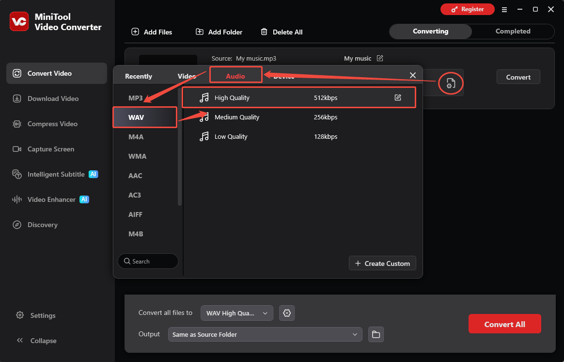MiniTool Video Converter interface showing how to choose WAV high quality as the output setting.
