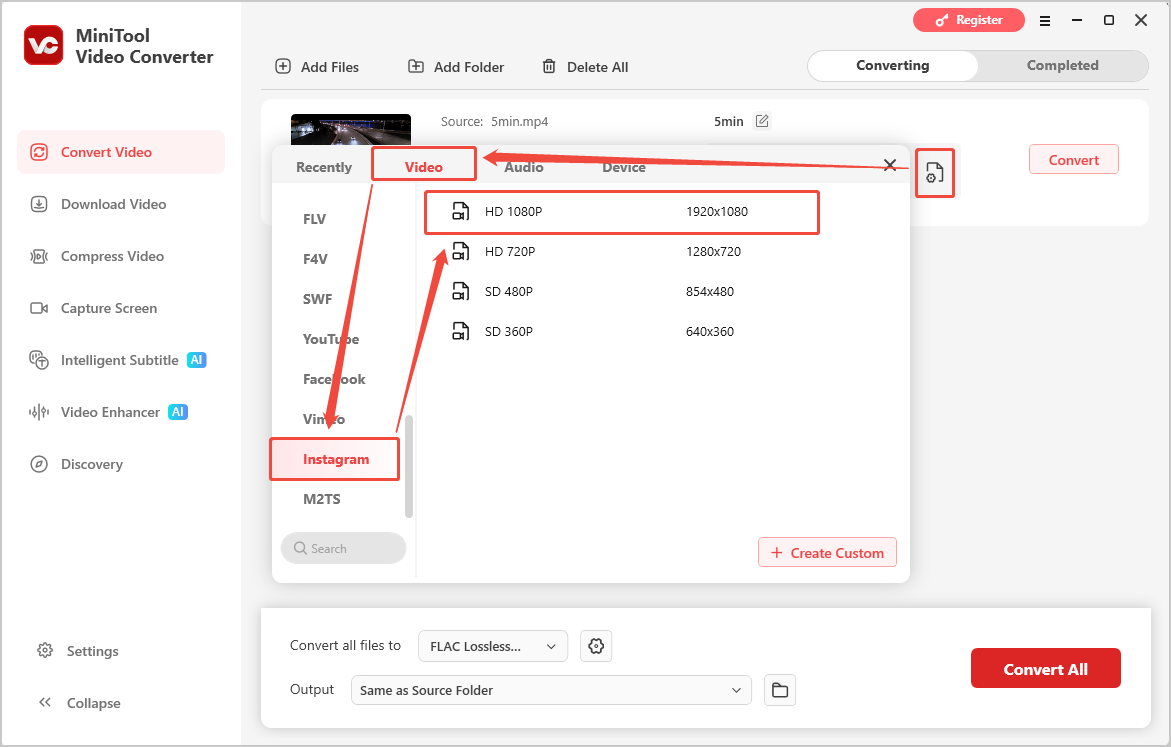 MiniTool Video Converter interface showing how to choose the Instagram supported format as the output format.
