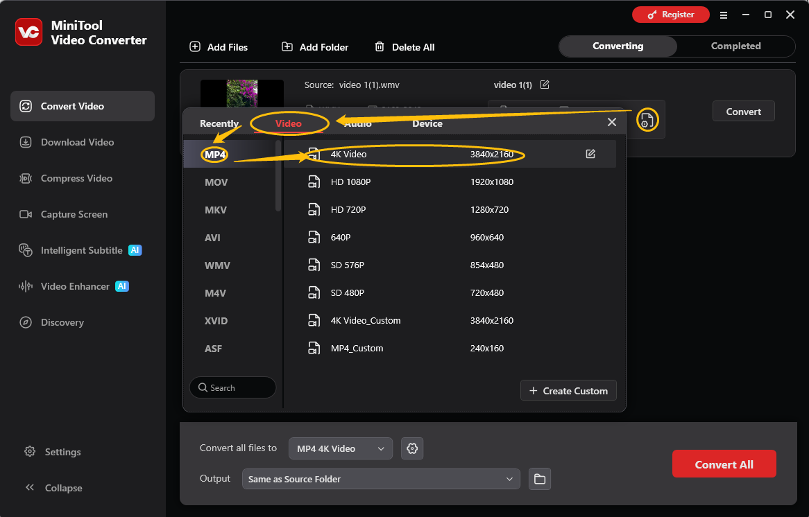 MiniTool Video Converter output format showing how to set MP4 as the output format in the Convert Video tab.