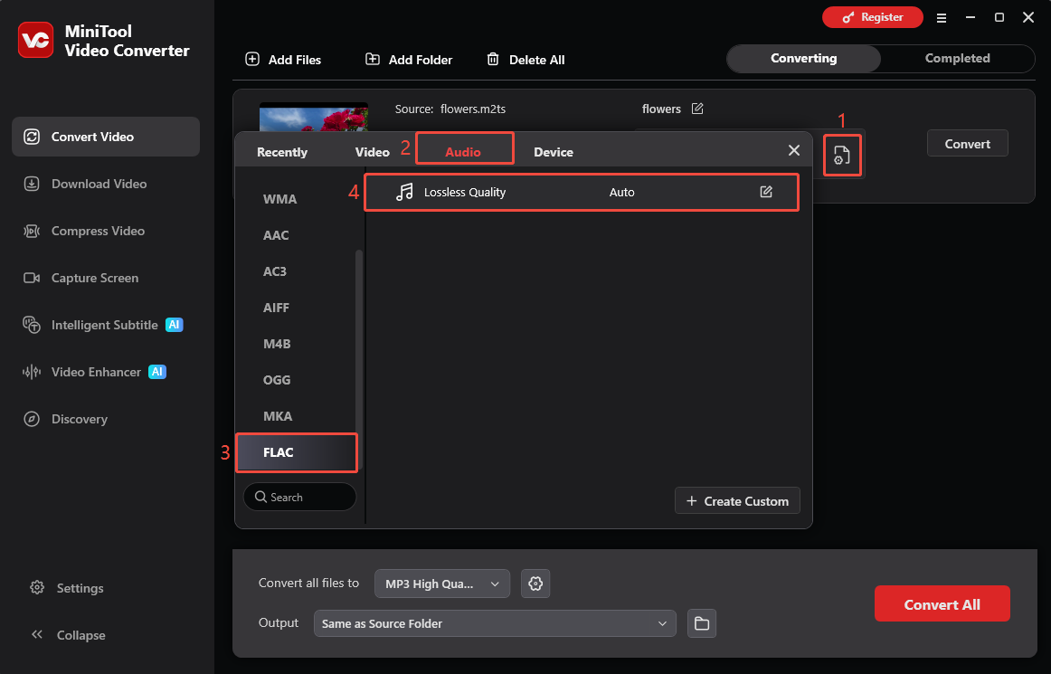 MiniTool Video Converter interface showing how to choose the output format.