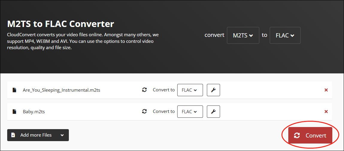CloudConvert M2TS to FLAC Converter webpage.