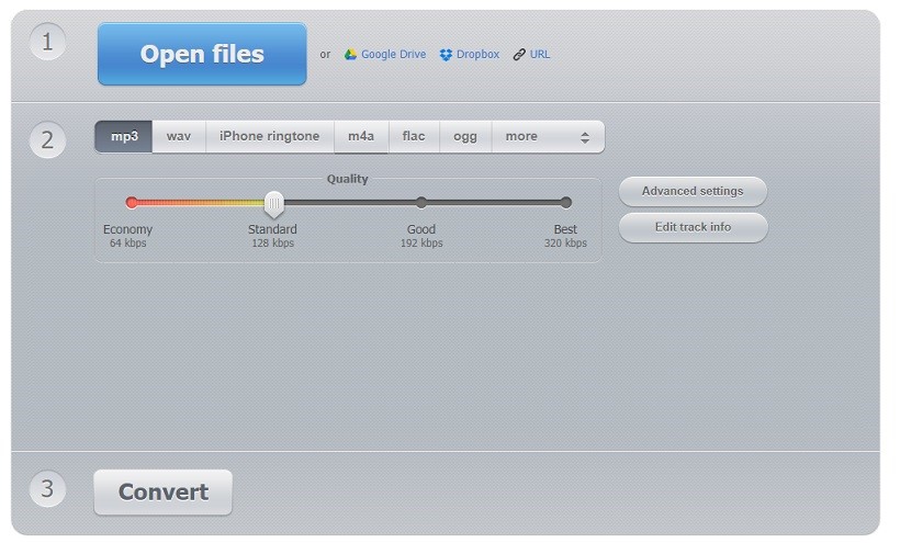 The interface of Online Audio Converter.