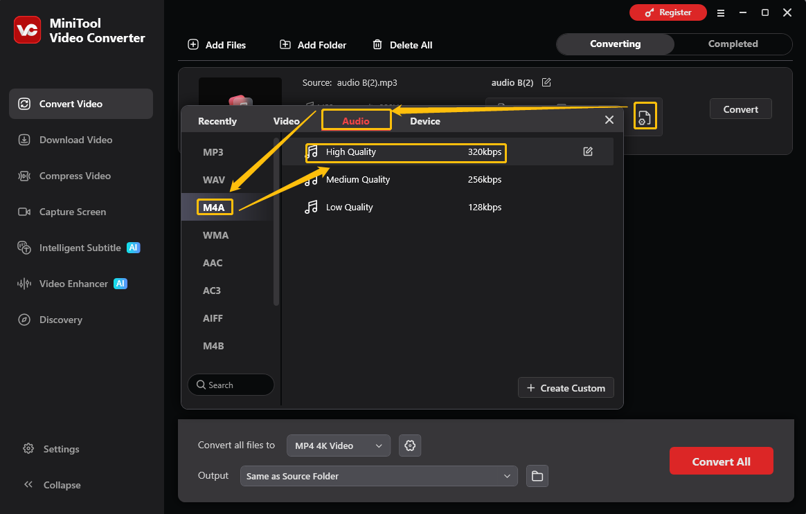 MiniTool Video Converter output format window showing how to set M4A as the output format in the Convert Video tab.