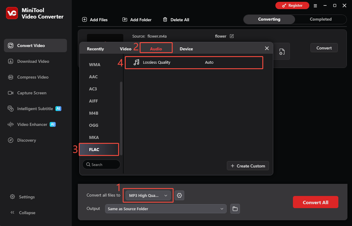 MiniTool Video Converter interface showing how to choose FLAC Lossless Quality as the output format.