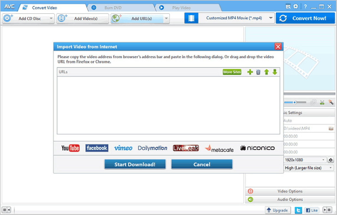 Any Video Converter Import Video from Internet window.