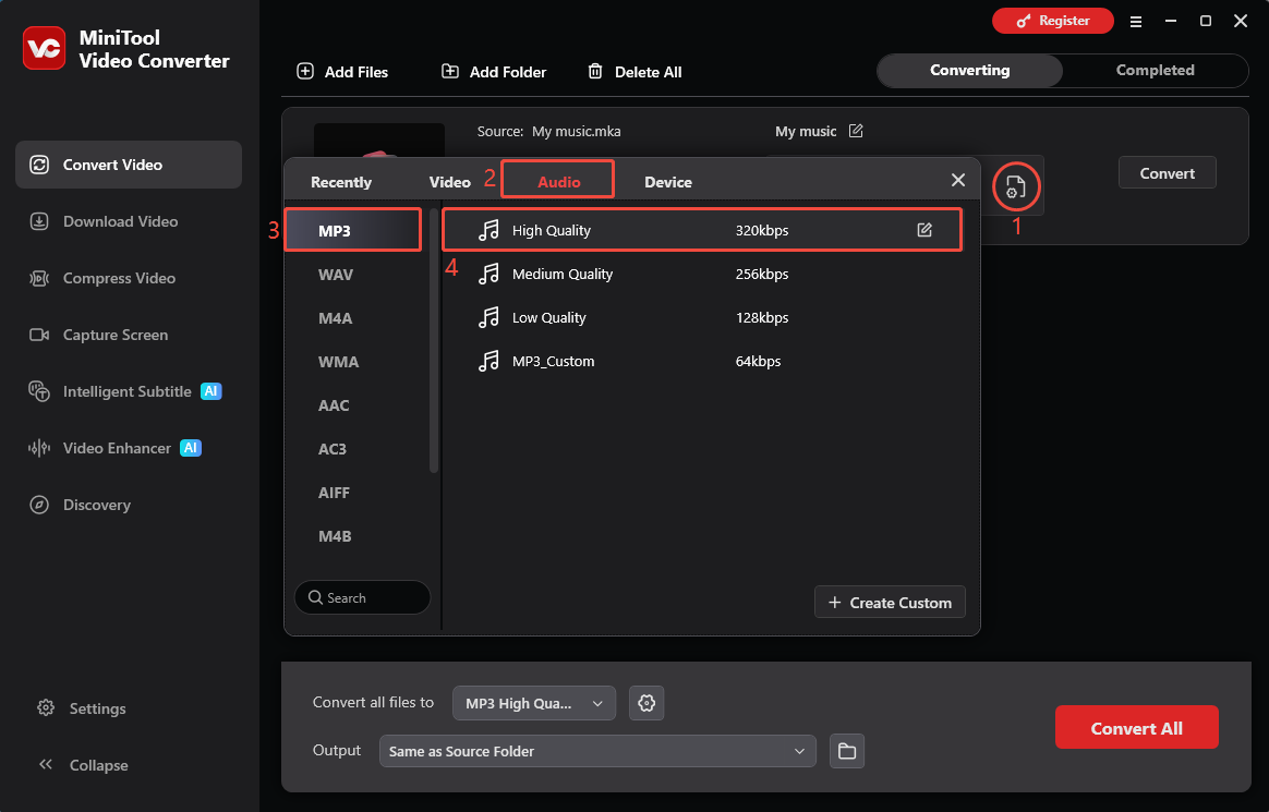 MiniTool Video Converter interface showing how to set the output format.