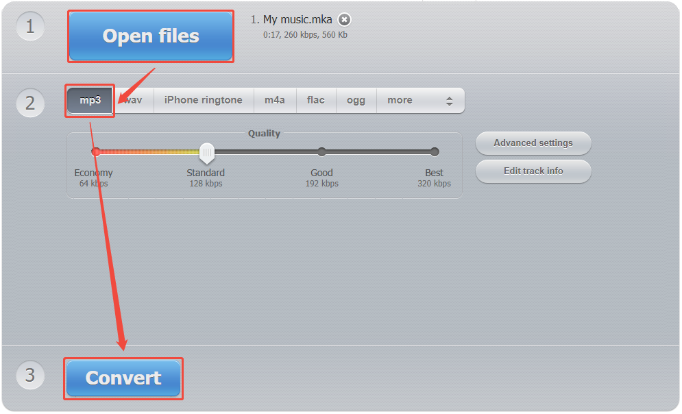 Online Audio Converter interface showing how to convert MKA file to MP3.