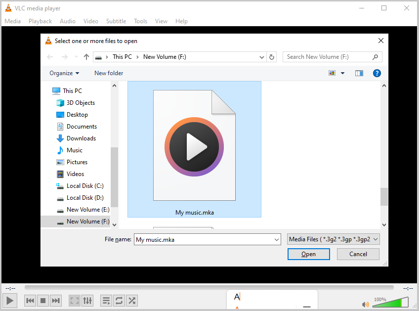 VLC Select one or more files to open window.