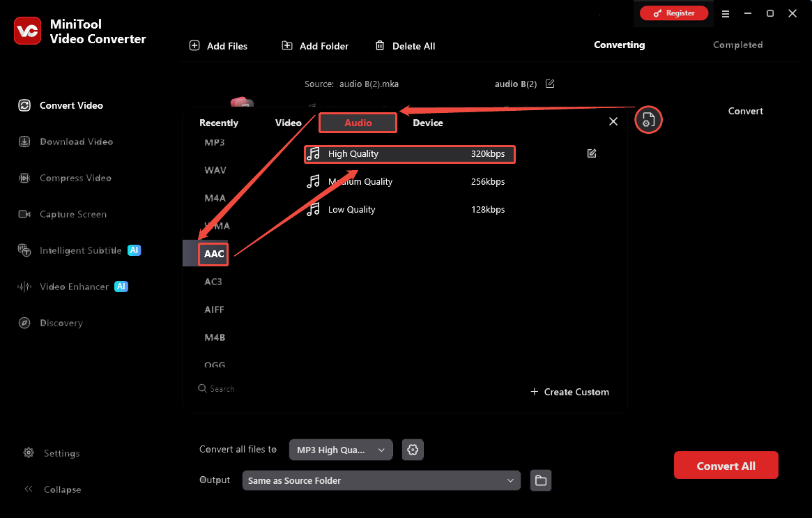 MiniTool Video Converter output format window showing how to set AAC as the output format in the Convert Video tab.