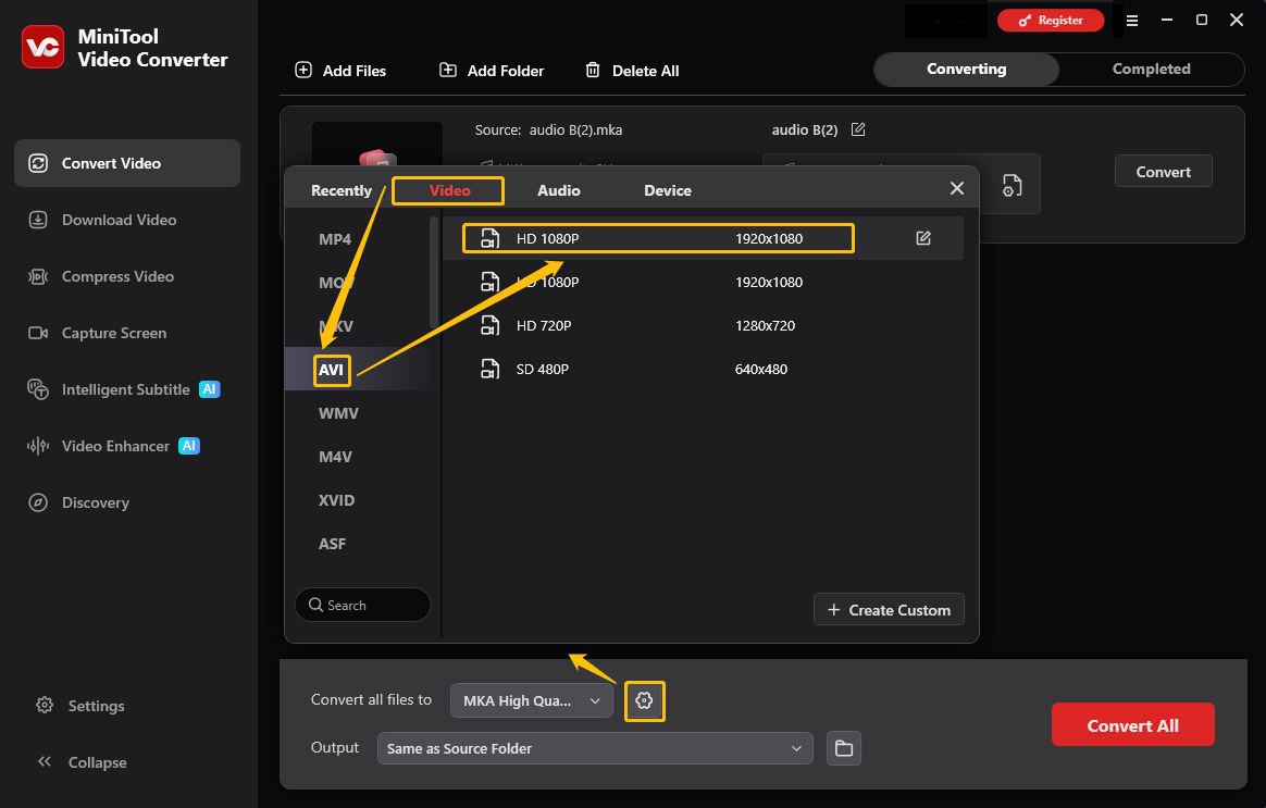 MiniTool Video Converter output format window showing how to set AVI as the output format in the Convert Video tab.