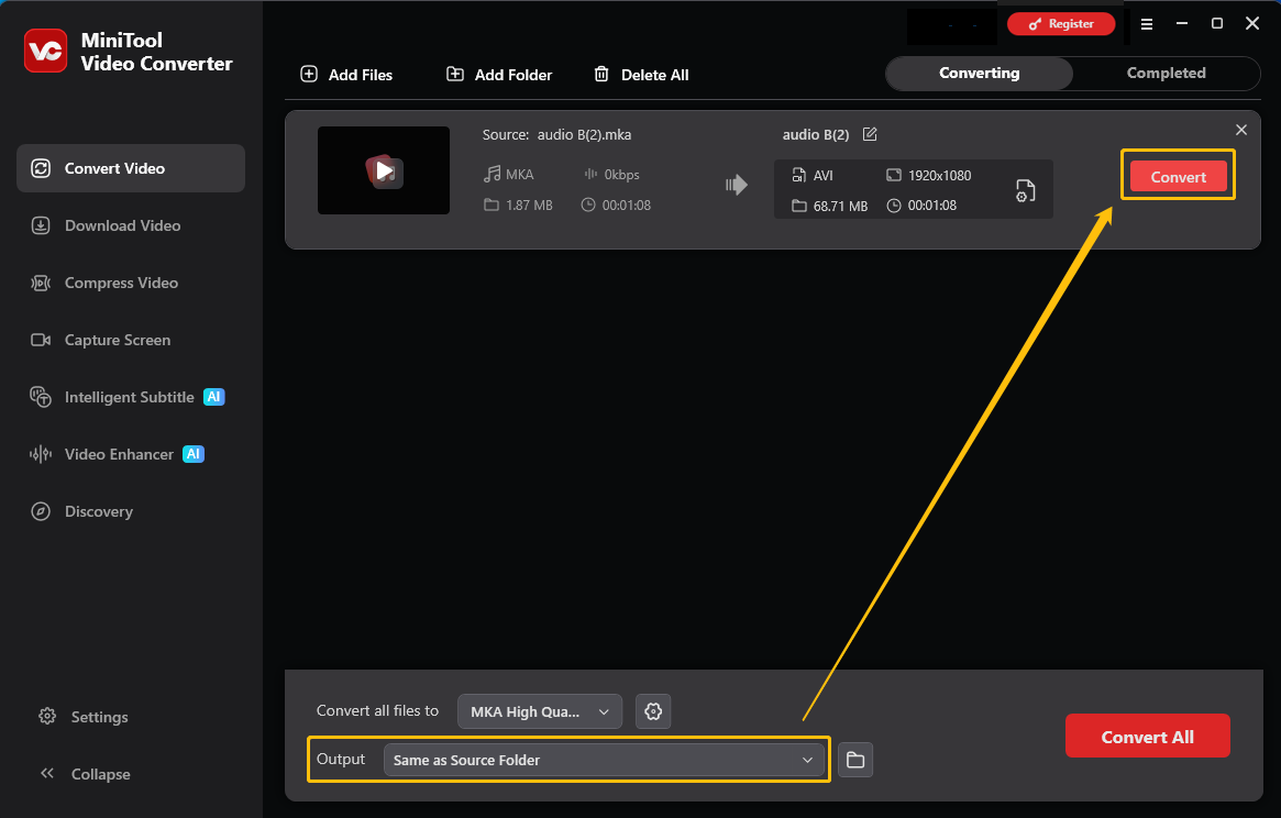 MiniTool Video Converter interface with the Output option and the Convert button selected in the Convert Video tab.