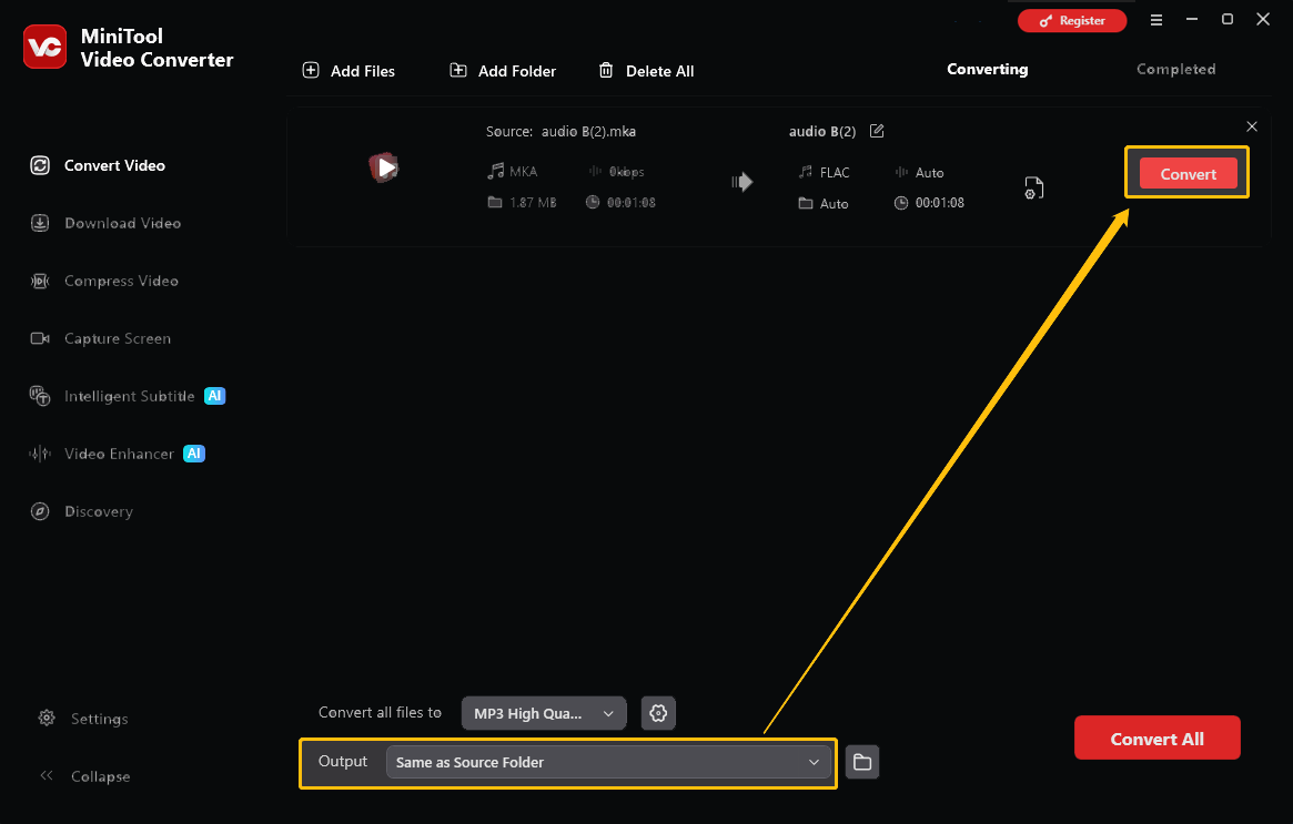 MiniTool Video Converter interface with the Output option and the Convert button selected in the Convert Video tab.