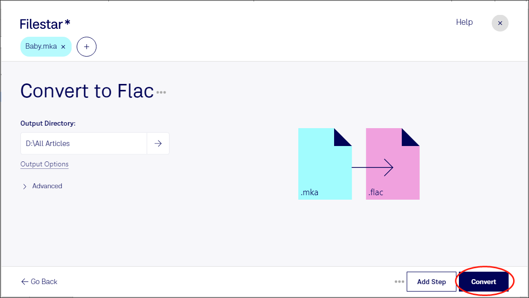 Filestar conversion interface with the Convert button selected.