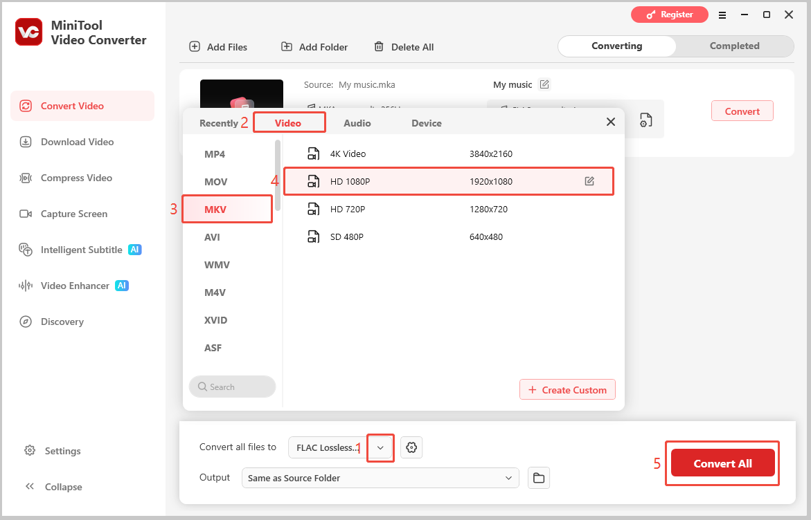 MiniTool Video Converter interface showing how to choose MKV as the output format and start conversion.