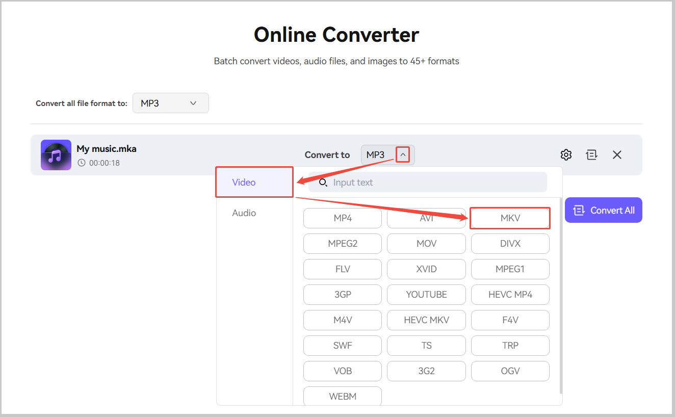 Media.io Online Converter webpage shows how to choose MKV as the output format.