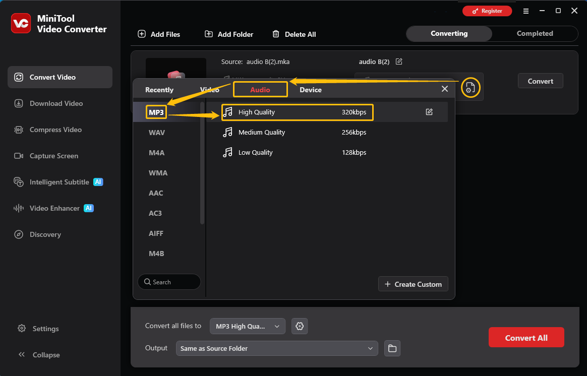 MiniTool Video Converter output format window showing how to set MP3 as the output format in the Convert Video tab.
