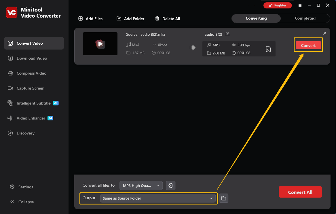 MiniTool Video Converter interface with the Output option and the Convert button selected in the Convert Video tab.