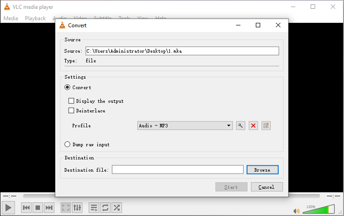 VLC Media Player Convert window showing how to set MP3 as the output format.