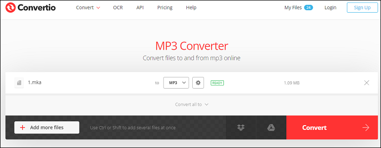 The MKA to MP3 conversion page of Convertio.