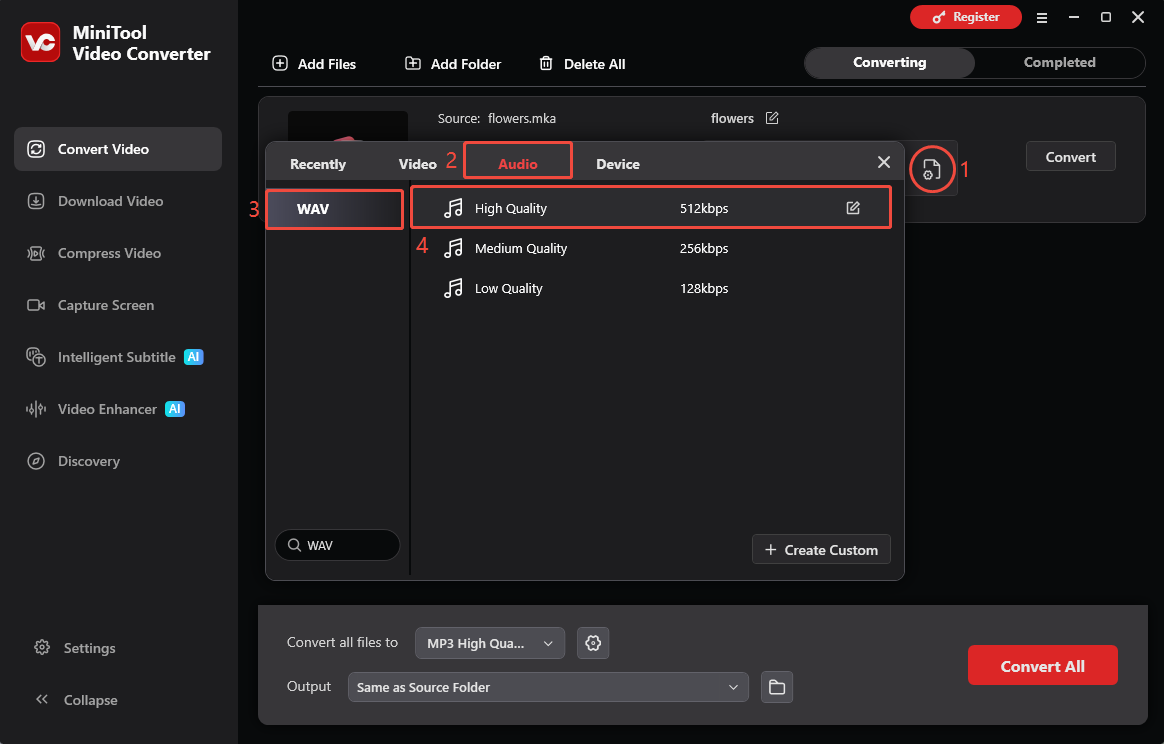 MiniTool Video Converter interface showing how to set the output format.