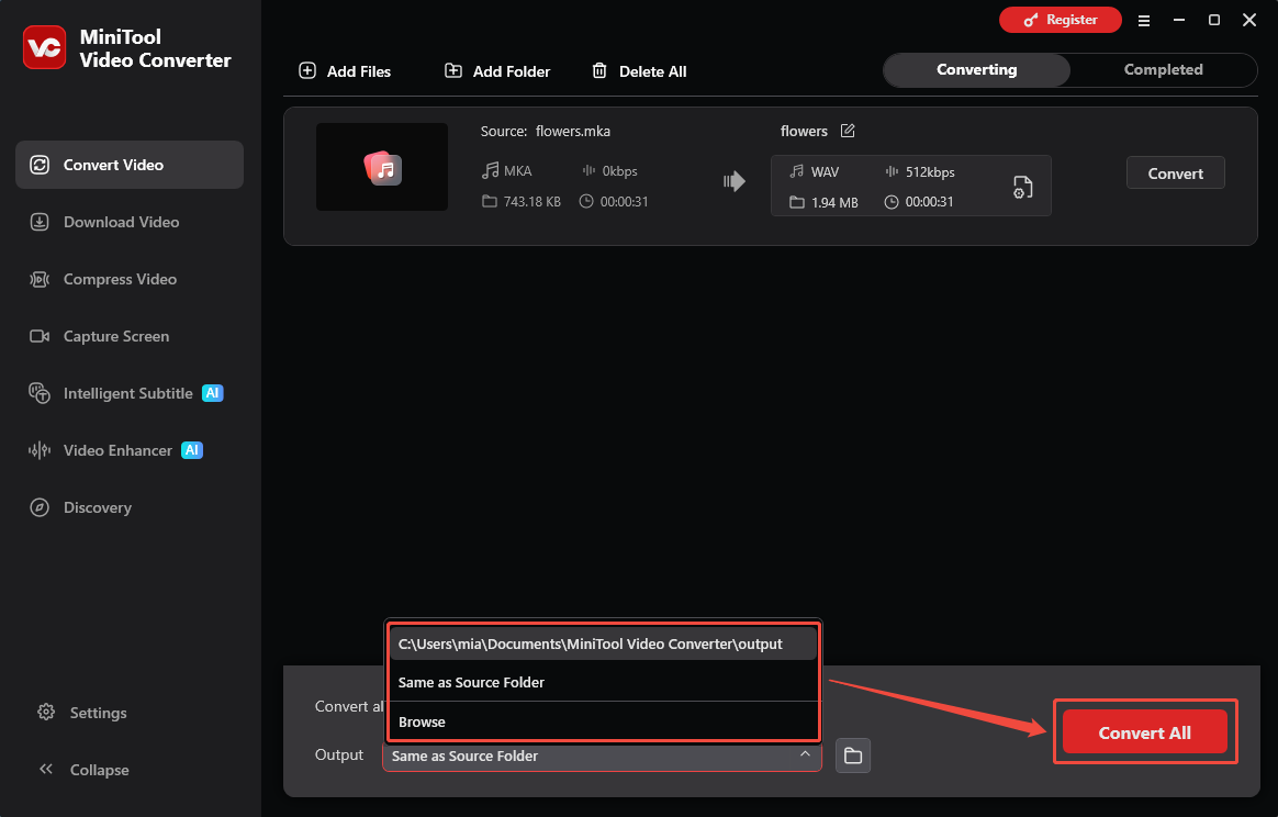 MiniTool Video Converter interface showing how to set output save location and start conversion.
