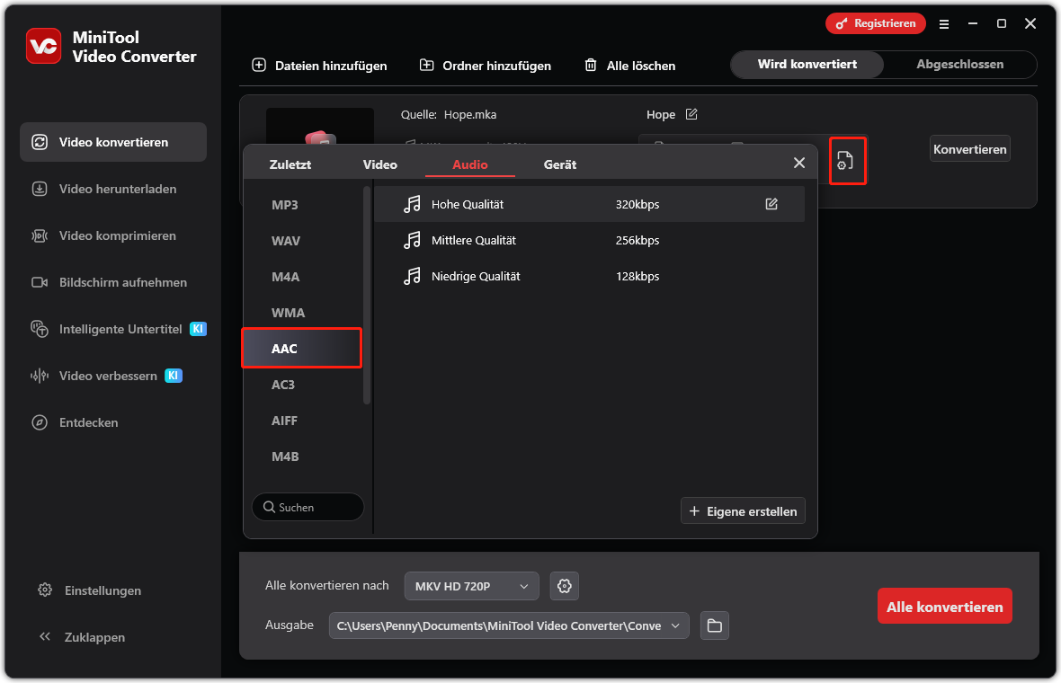 Fenster „Ausgabeformat“ von MiniTool Video Converter, das zeigt, wie AAC auf der Registerkarte „Video konvertieren“ als Ausgabeformat festgelegt wird.