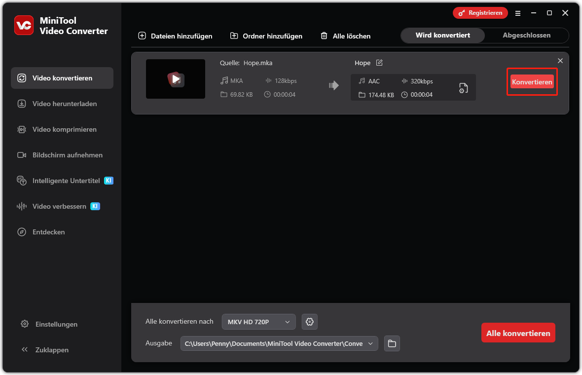 Benutzeroberfläche von MiniTool Video Converter mit der Option „Ausgabe“ und der Schaltfläche „Konvertieren“, die auf der Registerkarte „Video konvertieren“ ausgewählt sind.