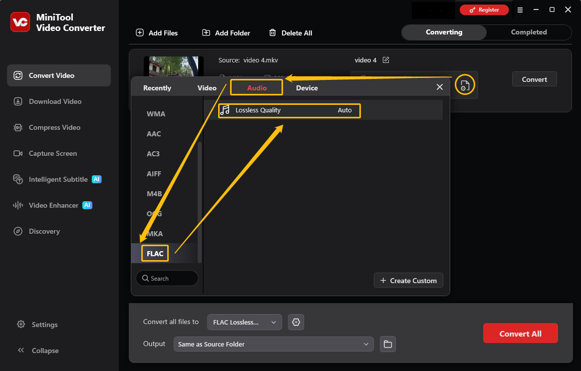MiniTool Video Converter output format window showing how to set FLAC as the output format in the Convert Video tab.