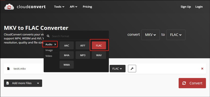 CloudConvert interface with the expanded FLAC option selected in the Audio tab.