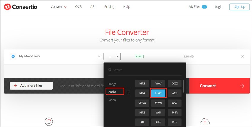 Convertio Audio tab with the expanded FLAC option selected.
