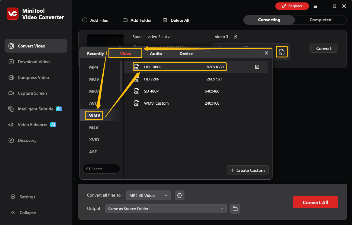 MiniTool Video Converter output format window showing how to set WMV as the output format in the Convert Video tab.