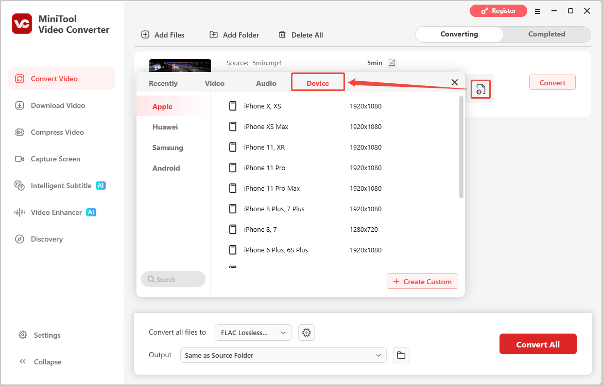 MiniTool Video Converter output format window with the Device tab selected.
