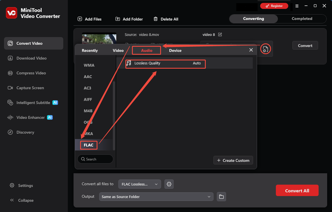 MiniTool Video Converter format settings window showing how to set FLAC as the output format in the Convert Video tab.