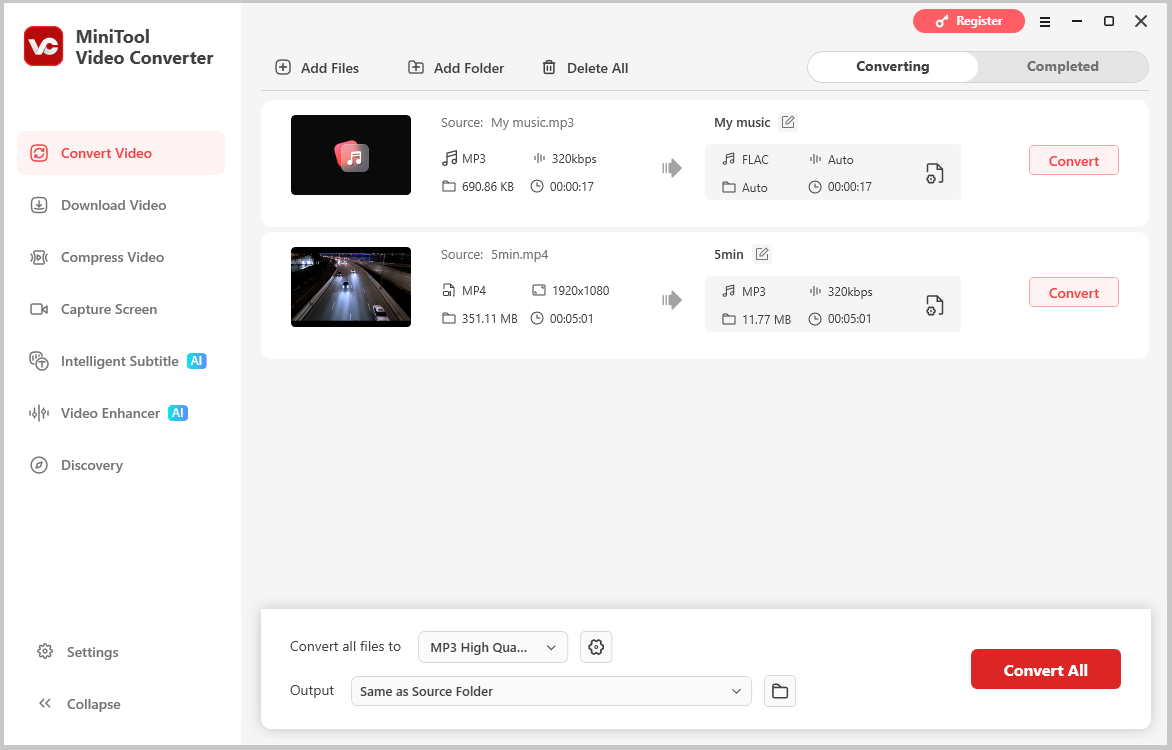 MiniTool Video Converter video conversion interface.