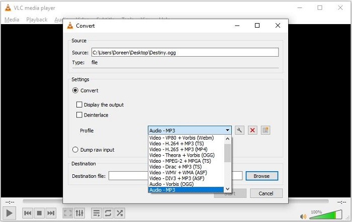 VLC media player and its Convert window.