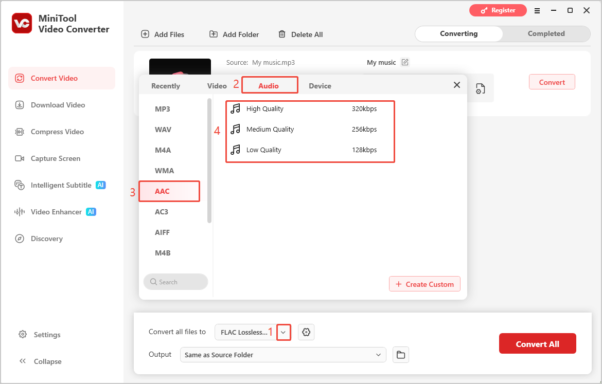MiniTool Video Converter interface showing how to select AAC as the output format.
