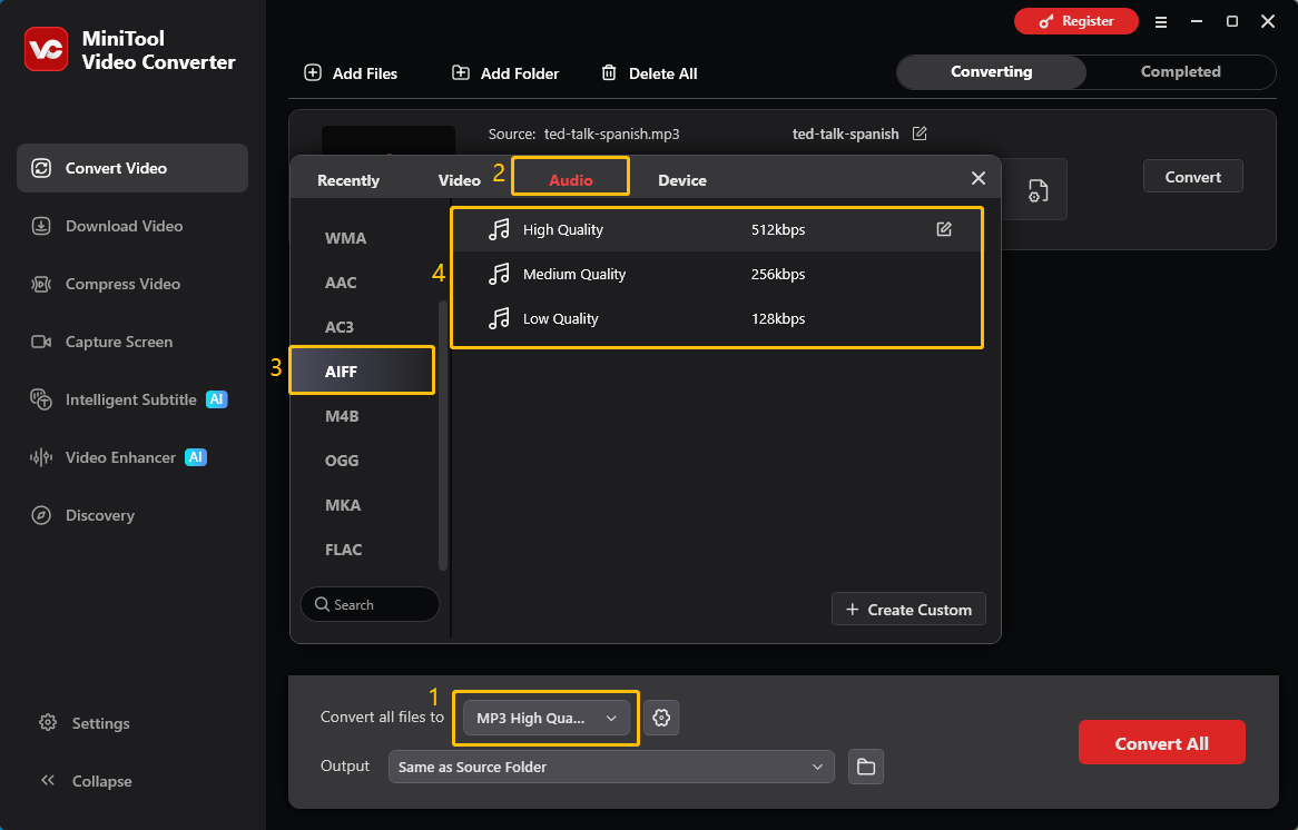 MiniTool Video Converter Convert Video interface showing how to choose AIFF the output format.