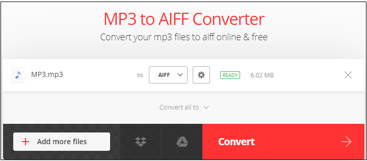 Convertio MP3 to AIFF Converter page.