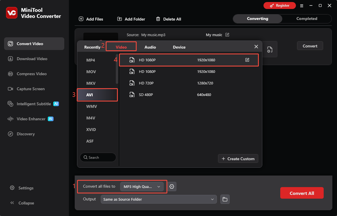 MiniTool Video Converter interface showing how to choose the AVI as the output format.