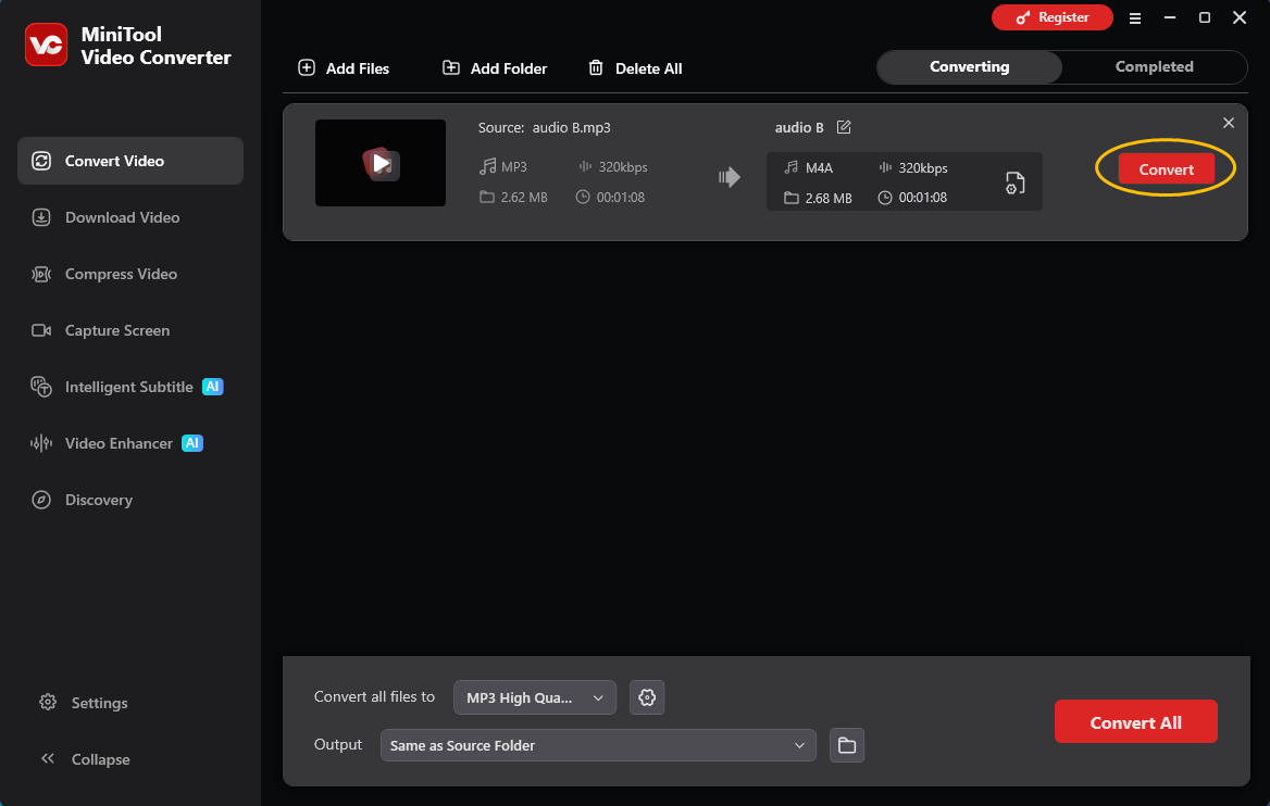 MiniTool Video Converter interface with the Convert button selected in the Convert Video tab.